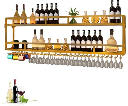 JOSIAHCQ Porta Bottiglie di Vino Portabottiglie con Porta Calici da Parete e Luce LED Cantinetta Vino Porta Vini Arredo Casa Angolo Bar Mobile Bar per Casa Cucina Sala da Pranzo Bar(Gold,180cm)
