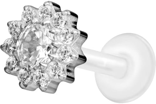 PIERCINGLINE PTFE Labret mit Gewinde + Titan-Aufsatz KRISTALLBLUME Piercing Ohr Nase Silberfarben 1,2 x 5 mm
