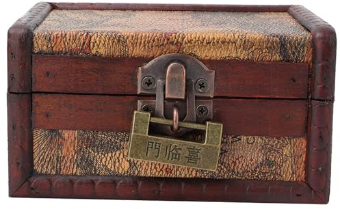 Jwthee Vintage Wooden Treasure Chest, Wood Storage Box with Lock, Decorative Jewelry Storage Box Jewelry Trinket Organizer for Home Decoration