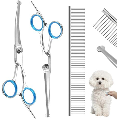 Dog Grooming Scissors Set with Safety Rounded Tips, 3-in-1 Stainless Steel Pet Dog Cat Grooming Tools with Sharp Straight Shears Curved Scissors and Comb for Face Ear Nose Paw Hair Trimming