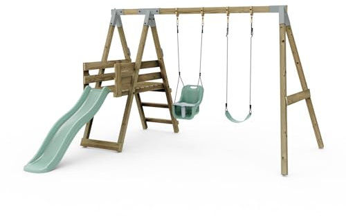 Premium Double Swing with Deck - Flex and Baby Mint Green | 6ft Slide| Stable Construction | Premium Welded Brackets & Pressure Treated Timber |