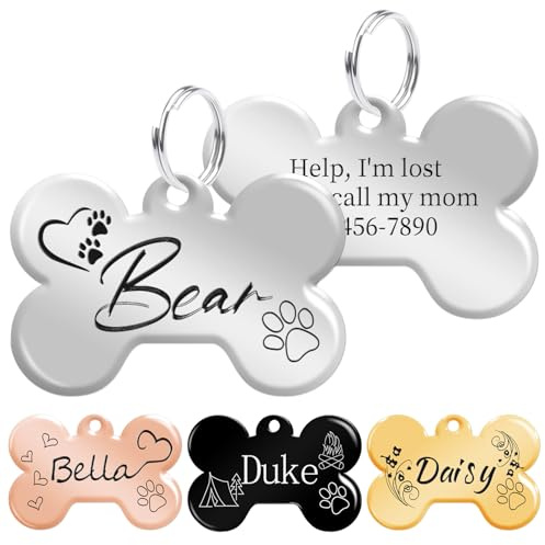 Hundemarke mit Gravur, Personalisiert Adressanhänger Hund, Personalisierter Doppelseitige Graviertes Identifikationsetikett für Haustierhalsband, Knochenform Edelstahl, Silber