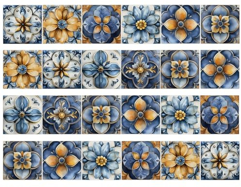 Ausing Adesivi murali floreali per decorazioni murali, set di adesivi staccabili con 24 adesivi per piastrelle marocchini blu, 10×10 cm