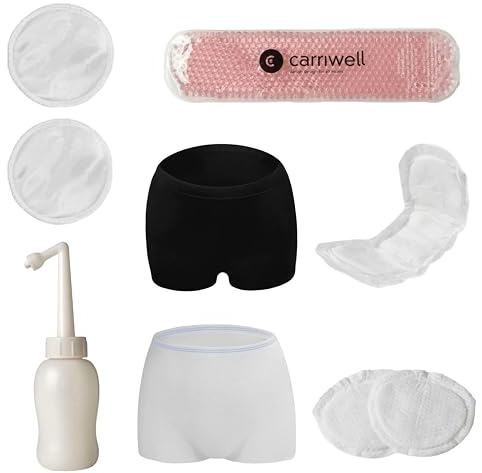 Carriwell Kit Postparto para Mamás | Set de 28 Piezas con Compresas Frías/Calientes, Botella de Cuidado Íntimo, Bragas de Maternidad, Compresas Postparto y Discos de Lactancia Lavables y Desechables