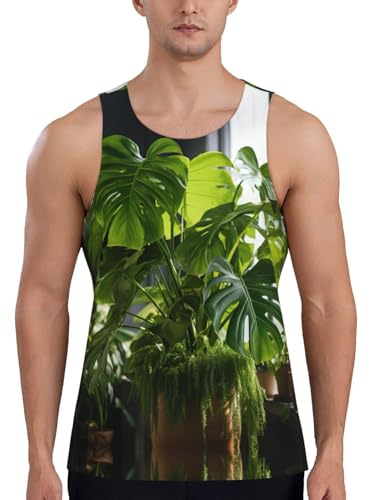 Monstera Deliciosa Banana Palm Print Men's Tank Tops for Workout,Sleeveless Tee Shirts,Casual Summer Shirts for Men Black