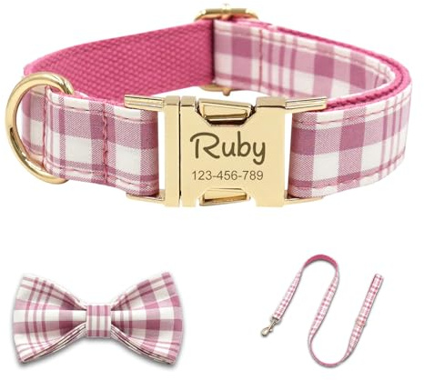 Hundehalsband Personalisiert mit Gravur Namen & Telefonnummer Halsband Leine und Schleife Set, Dog Collar, Katzenhalsband, Halsbänder Breit für Große Kleine Hunde Katzen (Rosa)