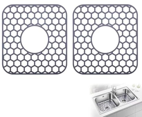 2 Pcs Grey Sink Mat, Kitchen Sink Protector Mat, Open Cell Honeycomb Silicone Drainage Pads, Dishwasher Safe,for Dishes and Glassware for Bottom of Ceramic & Stainless Steel Sinks