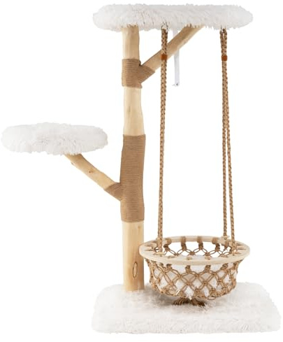 SOARS Rascador de madera, 123 cm, árbol para gatos con 2 plataformas de peluche, hamaca como columpio, troncos naturales, árbol rascador para gatos estable, árbol trepador para gatos, muebles para