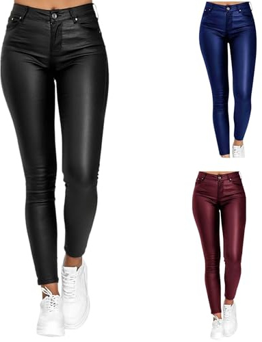Dambyxor I Konstläder Med Smal Passform Och Hög Midja, Vardagsbyxor Med Skinny Passform Med Wetlook, Formande Rumpa, Push-up, Sportträning, Höftbyxor Med PU-läderlook(Noir,S)