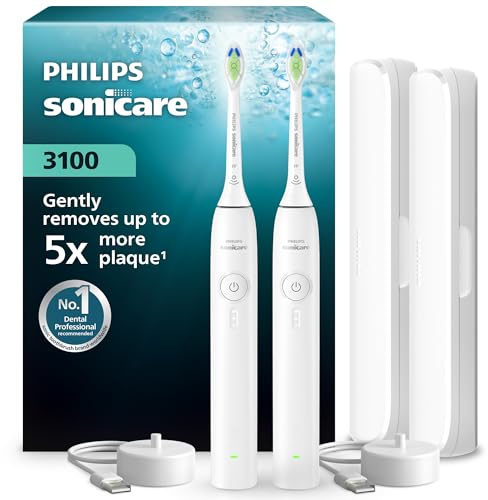 Philips Sonicare Serie 3100 - Cepillo dental sónico, sensor de presión, 3 niveles de intensidad, EasyStart, SmarTimer, autonomía de 14 días, estuche, blanco, pack doble, HX4072/41, [Nuevo]