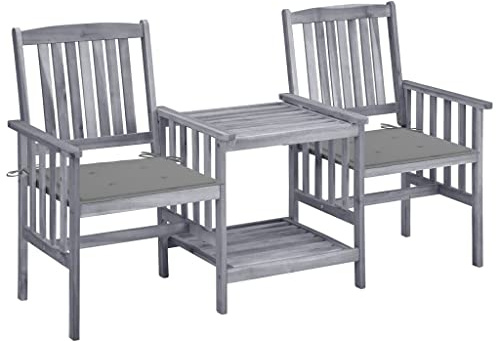 XHNIFBN Gartenmöbel Set mit Teetisch, 2 Gartenstühle mit Tisch aus massivem Akazienholz, Bistro-Set für Terrasse und Garten, inklusive grauen Sitzkissen, 159 x 61 x 92 cm, Grau