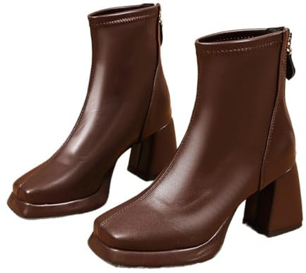 HESYSUAN Botines de tacón grueso con punta cuadrada para mujer, elegantes botines cortos de piel sintética con plataforma, tacones de bloque con cremallera trasera, botas de tacón alto informales y