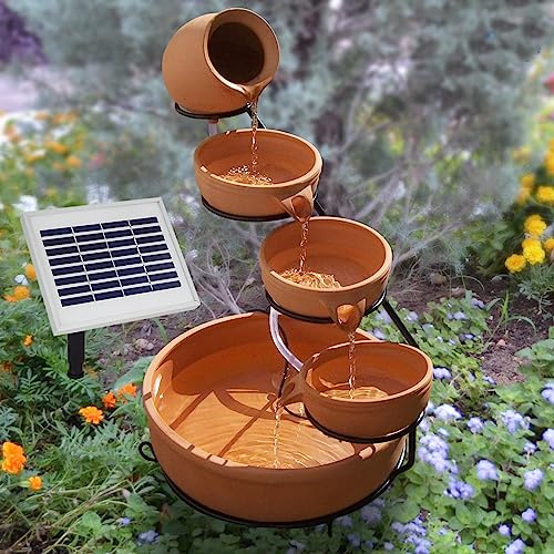 AMUR Solar Powered Water Feature Cascade - Inlaid Terracotta Pots for Your Garden or Patio 55 cm