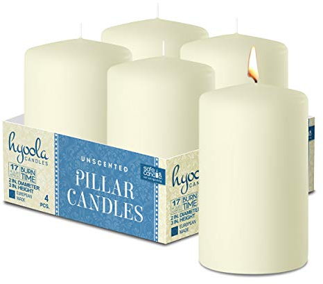 Hyoola - Candele cilindriche bianche, 5,1 x 7,6 cm, inodori, prodotte nell’UE, confezione da 4 pezzi