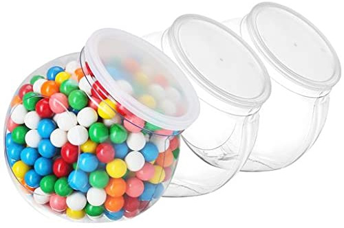 DilaBee 3 Pack Plastic Candy Jar - 48oz Round Candy Jars with Lids for Candy Buffet, Kitchen & Office Desk - Plastic Jars with Lids for Candy, Cookies & Snacks - Clear Jar with Labels BPA-Free