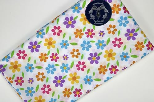 Pyrhan Daisy Floral Dress Fabric Polycotton Prints -45 inch Wide Sold by the metre can be Used in Dress Making & Sewing Projects. (Yellow-White)