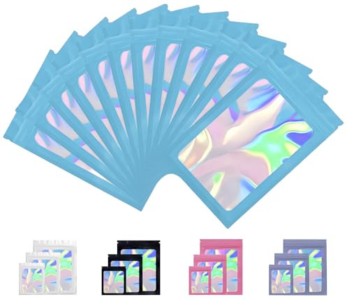 Rimiko 100 Piezas de Bolsa Aluminio Resellable, Bolsa Mylar Hermética para Alimentos, Bolsas Planas Ziplock con Ventana Transparente para el Embalaje de Productos (Azul y Holográfico, 9x16cm)