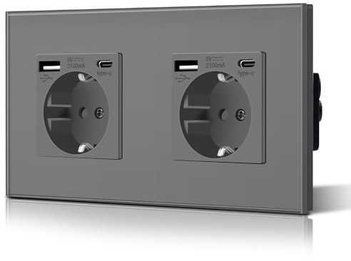 BSEED Enchufe Doble con USB C,Enchufes Pared con Cristal,Schuko Enchufe Simple 16A 250V,Toma de Corriente para Cocina,Dormitorio,Oficina,Hotel,M Serie,2 Enchufes con USB y Tipo C,157mm Gris