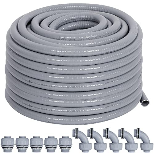Neorexon Liquid-Tight Conduit 50 ft and 10 Pieces of Connector Kit, Electrical Conduit 1/2 50ft w/UL Certification, Flexible Conduit with 5 Straight and 5 90-Degree Conduit Connector Fittings