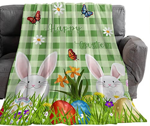 Überwurfdecke Osterhasen-Eier-Blumen-Grasland-Grünes Kariertes Gitter Leichte Decken Microfaser Fleecedecke Für Reise Couch Geschenke 60x50