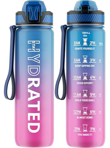 QLUR Trinkflasche, 1L/750ML BPA-Frei Tritan Wasserflasche mit Strohhalm, Trinkflasche Sport Auslaufsicher mit Zeitmarkierung und Bürste, Sportflasche für Fitness, Schule, Yoga, Outdoor(1 Flasche)