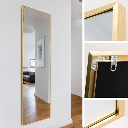 Rechteckiger Ganzkörper Standspiegel schmal 50x150cm, eingefasst im edlen goldenem Aluminium Rahmen - kristallklare Spiegelung mit High-Definition-Glas - für Schlafzimmer, Bad, Flur, Wohnzimmer