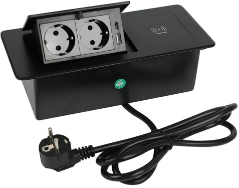 Yearninglife Prise escamotable, 2 prises encastrées avec USB et charge sans fil 15 W, type C, 20 W, charge rapide, pour bureau, noir