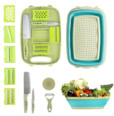Generic 9-in-1 cutting board, Collapsible Cutting Board, Multifunctional chopping board, Collapsible Chopping Board with Colander, Vegetable washing drainer, kitchen., Medium, Green