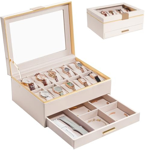 ProCase Uhrenbox für Frauen Herren, Uhrenkasten mit Glasdeckel, Uhrenkoffer Uhrenaufbewahrung Schmuckaufbewahrung -10 Slot, Beige