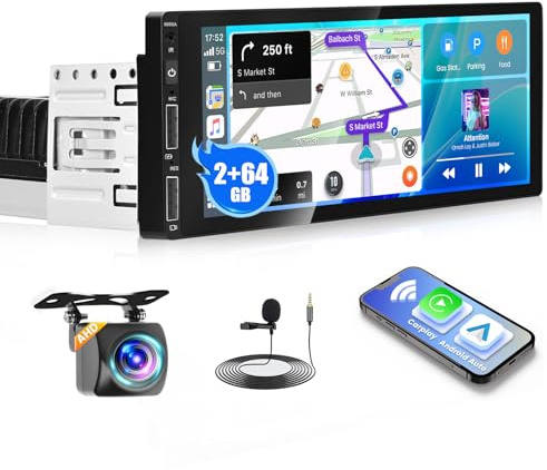 Inefala Android 15 2G/64G 1 DIN Autoradio mit Navi Wireless Carplay Android Auto, 6,9 Zoll Touchscreen Car Radio mit GPS, WiFi, BT, USB, FM RDS, MIC, EQ, Rückfahrkamera