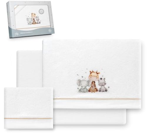Interbaby Set med lakan för barnsäng, 60 x 120% polyester, 100% polyester, korallfilt, varm, korallfilt, sänglakan, bänkskiva och örngott, lämplig för vinter, elefantgiraff vit/beige