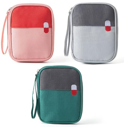 QFEHTHSK 3-Teiliges Mini-Erste-Hilfe-Set, Tragbare Medikamententasche, Kleines Reise-Erste-Hilfe-Set, Medikamenten-Aufbewahrungstasche Mit Fächern, wasserdichte Erste-Hilfe-Medizintasche
