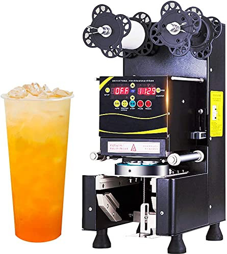 Machine à sceller de tasse de thé au lait, machine à sceller entièrement automatique pour tasse de thé à bulles pour diamètre de tasse – 400 à 600 tasses/h (noir)