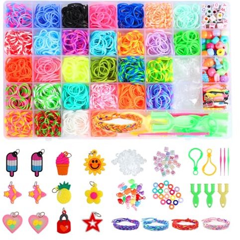 2500+ bandset, 40 fack loops gummi för gör-det-själv-armband, Loop armbandsset barn med pärlor, berlocker, krokar, förvaringslåda – pysselset, gåva för pojkar och flickor, gummi för armband