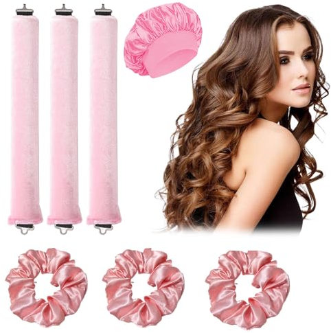 3Pcs Heatless Curlers, With 1pcs Shower Cap+3pcs Headband, Heatless Curling Rod for Long Hair, Heatless Overnight Blowout Rods, for Diy Hair Styling Tools, No Damage to Hair(Black) (Pink, Large)