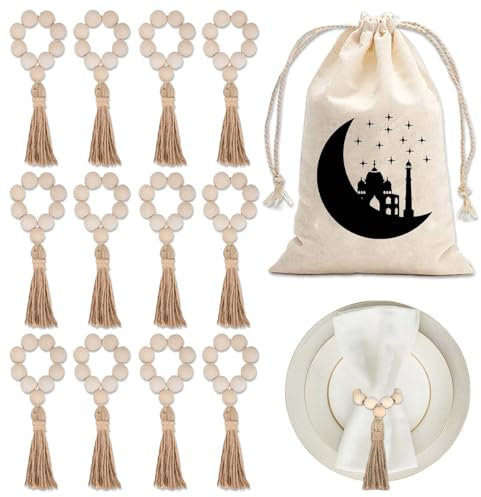 Portatovaglioli Fiorito - Set di 12 Anelli Portatovaglioli da Tavola con Borchie in Legno - Elegante e Naturale Porta Tovaglioli da Tavolo con Borsa con Coulisse per Luna del Tempio