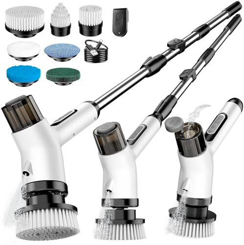 Electric Spin Scrubber, FYDEE 7 in 1 Electric Cleaning Brush with 2 Adjustable Speeds and Spray Device, IPX7 Waterproof Bathroom Cleaner Brush, 3000 mAh Power Scrubber for Floors, Windows - White