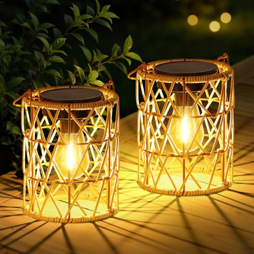 BUCASA Solcellslampor för utomhusbruk, 2 stycken solcellslyktor för utomhusbruk, handstickade med ljus LED-glödlampa, vattentäta boho solcellslampor för utomhusbord, balkong, trädgård, dekoration, jul