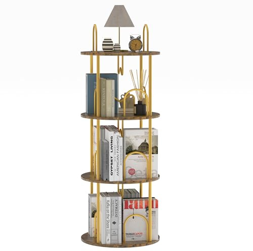 Drehbares Bücherregal mit 5 Ebenen, 360° drehbar, rund, schmal, platzsparend für Bücher und Display, drehbares Bücherregal, Eckregal, hohes Bücherregal für kleine Räume, Schlafzimmer, Wohnzimmer, Gold