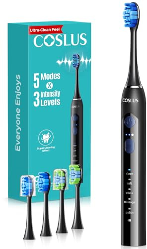 COSLUS C30 Electric Toothbrush for Adults: 3 Intensities & 5 Modes Customized for Effective Yet Gentle Ultra-Clean Feel, 2 Types of Heads for Gentle or Daily Care, Travel & Home Use, Black, 1PC