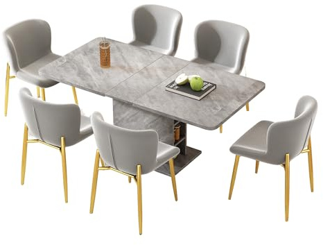 Moderno set da pranzo con tavolo allungabile e sedie imbottite, tavolo rettangolare con supporto centrale e contenitore, elegante gruppo da pranzo (tavolo + 6 sedie)