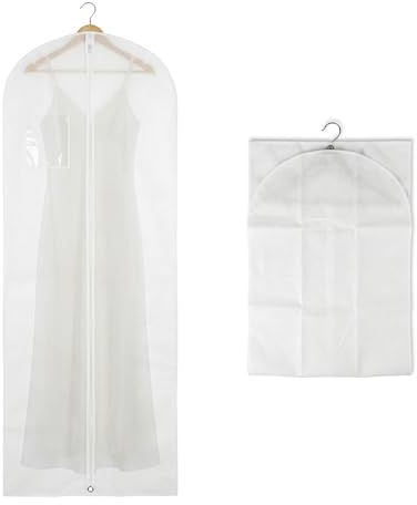 Housse Robe de mariée longue | Pliable | Longueur XXL 196x64CM | Protège des Mites | Non-tissé Blanc Respirant et Anti-Poussière | Pochette à bijoux/d'identification | Particuliers & Professionels