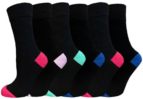 Ladies Cute Non Elastic Gentle Grip Diabetic Friendly Wide Top Cotton Socks | 6 Pairs Women’s Soft Top Diabetic Socks – Women’s Sock Size 4-7 UK (UK, Alpha, One Size, Regular, Regular, F-CLRD HL TOE)