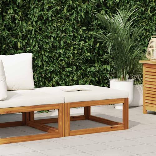 LoogCape Fußhocker mit Cremeweißem Polster, Akazie Massivholz, 68x68x29 cm, für Garten, Terrasse, Outdoor Möbel Set, Robustes Design