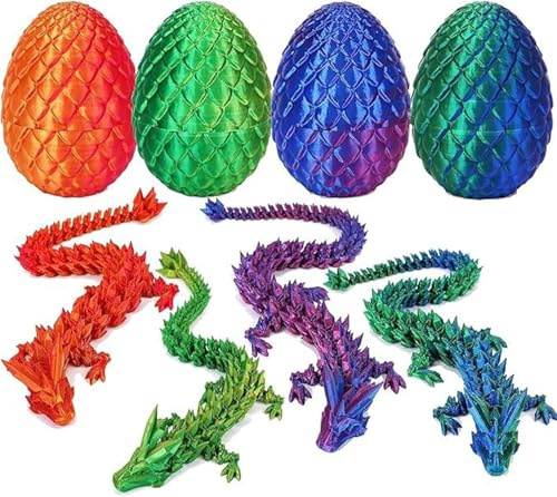 Ensemble de 4 œufs de Dragon imprimés en 3D - 3D œuf Surprise de Dragon 8.5 cm avec Dragon 22 cm, Jouets de Dragons mystérieux, Figurines de Dragons Mobiles pour Surprise, œufs de Dragon de