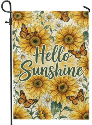 Bandiera da giardino con girasole, fiori primaverili con farfalle e crisantemi gialli primaverili in iuta su entrambi i lati, bandiere decorative per esterni, patio, prato, portico anteriore, balcone