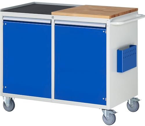 RAU | Kompaktwerkbänke | fahrbar | 2 Türen | Arbeitsfläche Holz/Metall | lichtgrau/enzianblau