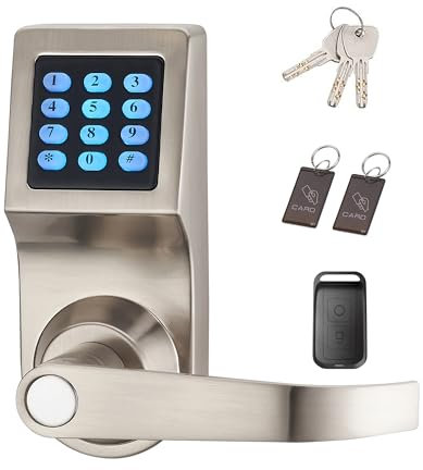 HAIFUAN Cerradura digital para puerta, desbloqueo con mando a distancia, tarjeta M1, código y llave, dirección de la manija reversible.