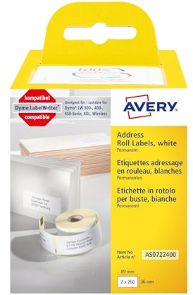 AVERY Zweckform AS0722400 Dymo LabelWriter Adressetiketten kompatibel zu S0722400 (36x89mm, 2 Rollen|520 Adressaufkleber, selbstklebend, für LW Dymo Etikettendrucker/Beschriftungsgerät/Etikettenband)