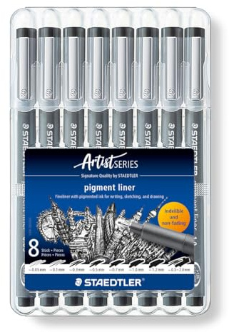STAEDTLER 308 SB8 Pigment Liner Pens - Assorted Line Widths, Black (Set of 8)